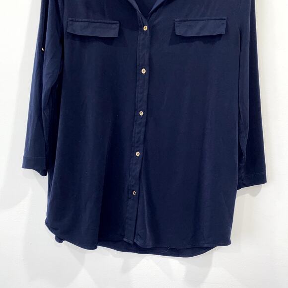 Grace Navy Blue Button Down Shirt Three Quarter Sleeve Size S - Picture 5 of 6